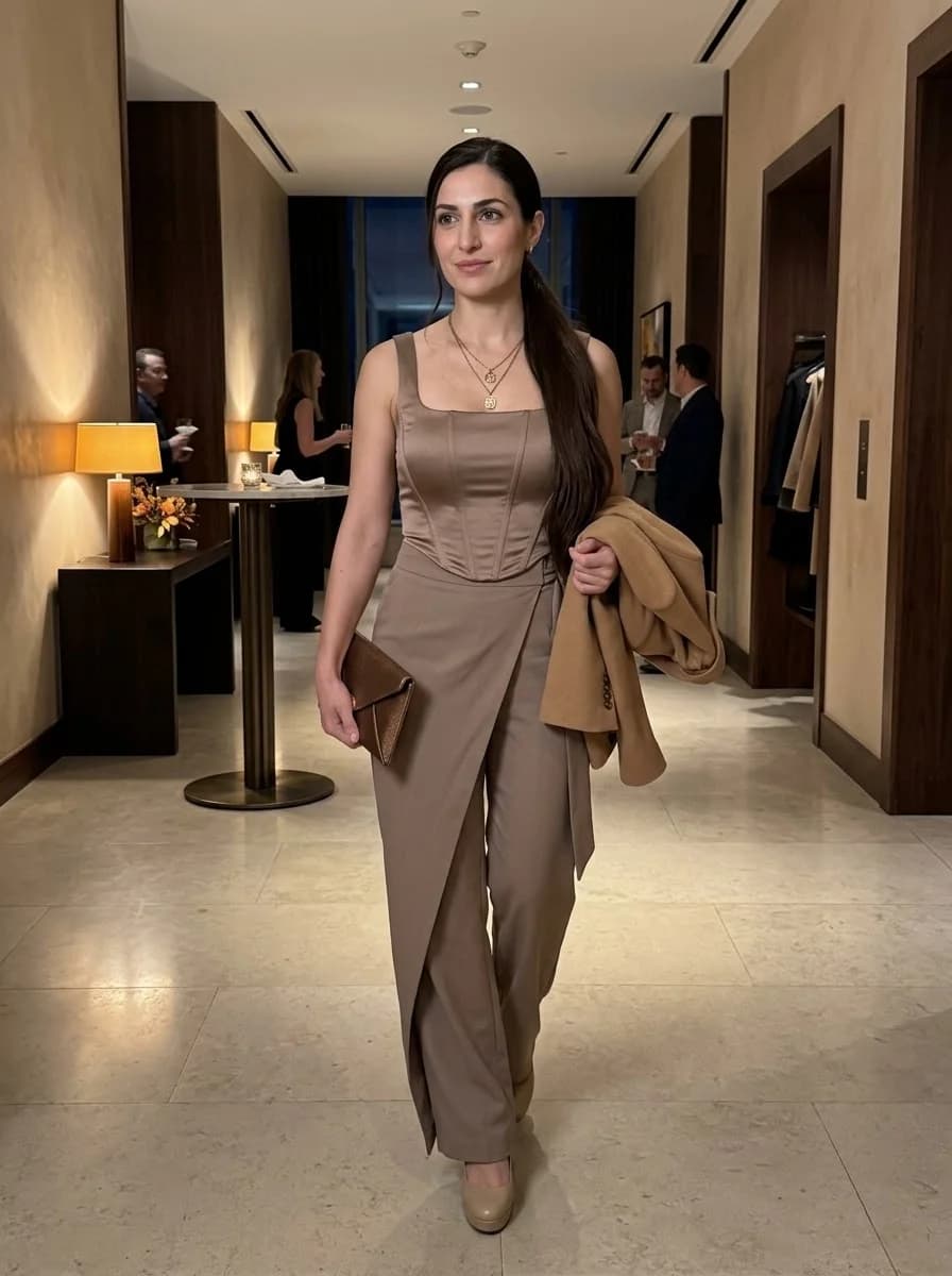 Taupe corset top with matching draped wide-leg trousers, nude platform heels, and gold necklaces