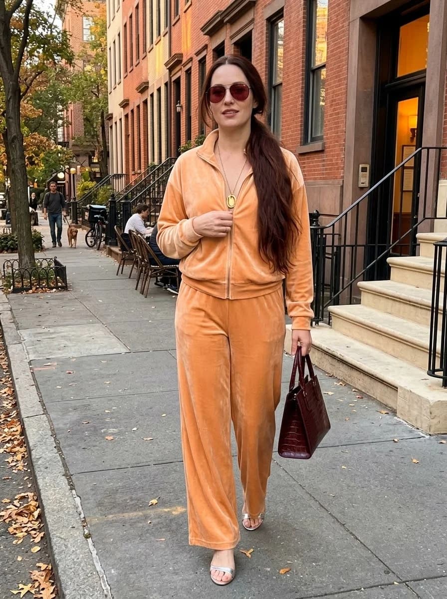 Burnt orange velour track jacket and matching trousers with metallic sandals and burgundy bag