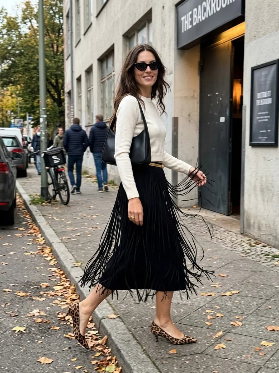 Cream fitted long-sleeve top tucked into black fringe midi skirt with leopard print pumps