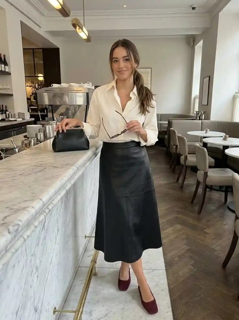 White button-down shirt, black leather A-line midi skirt, and burgundy pumps