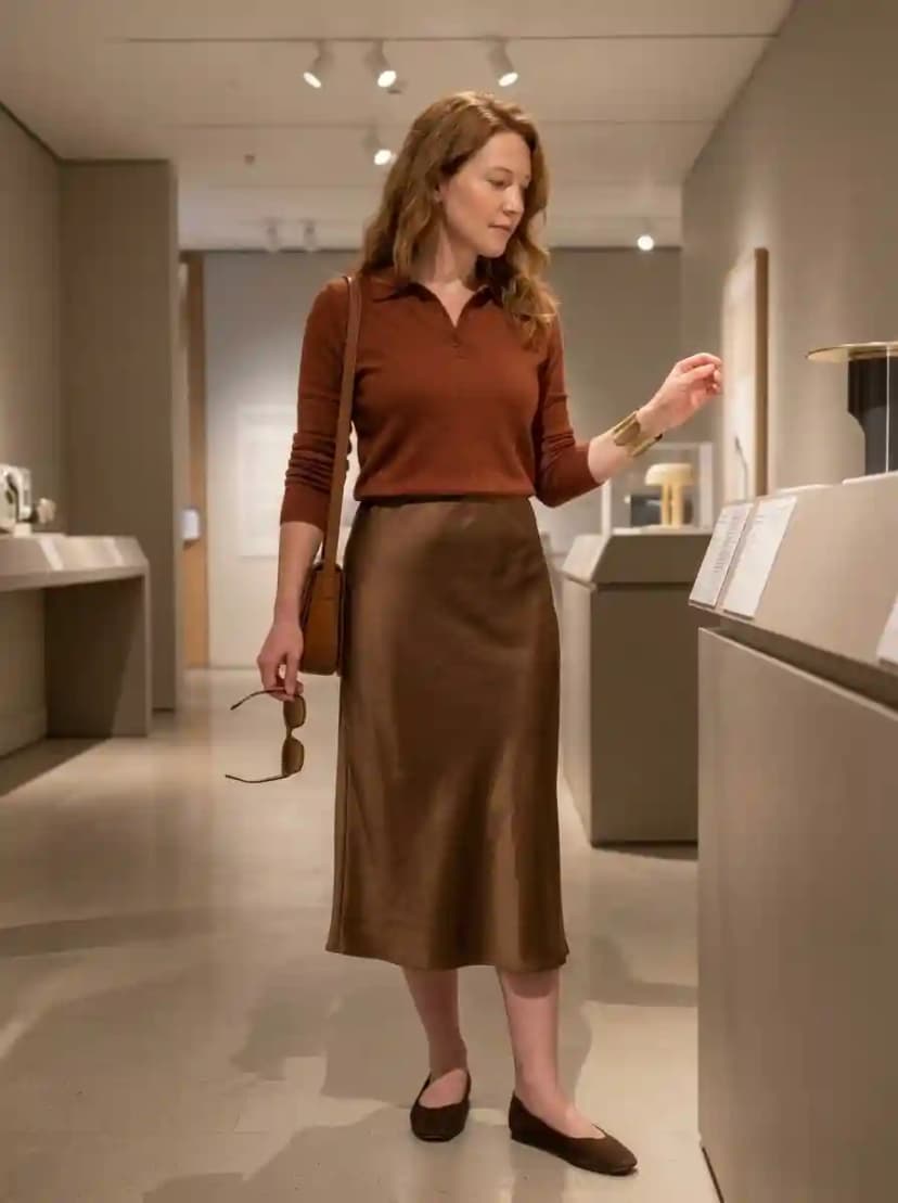 Rust polo-style sweater, chocolate brown satin midi skirt, and dark brown suede flats