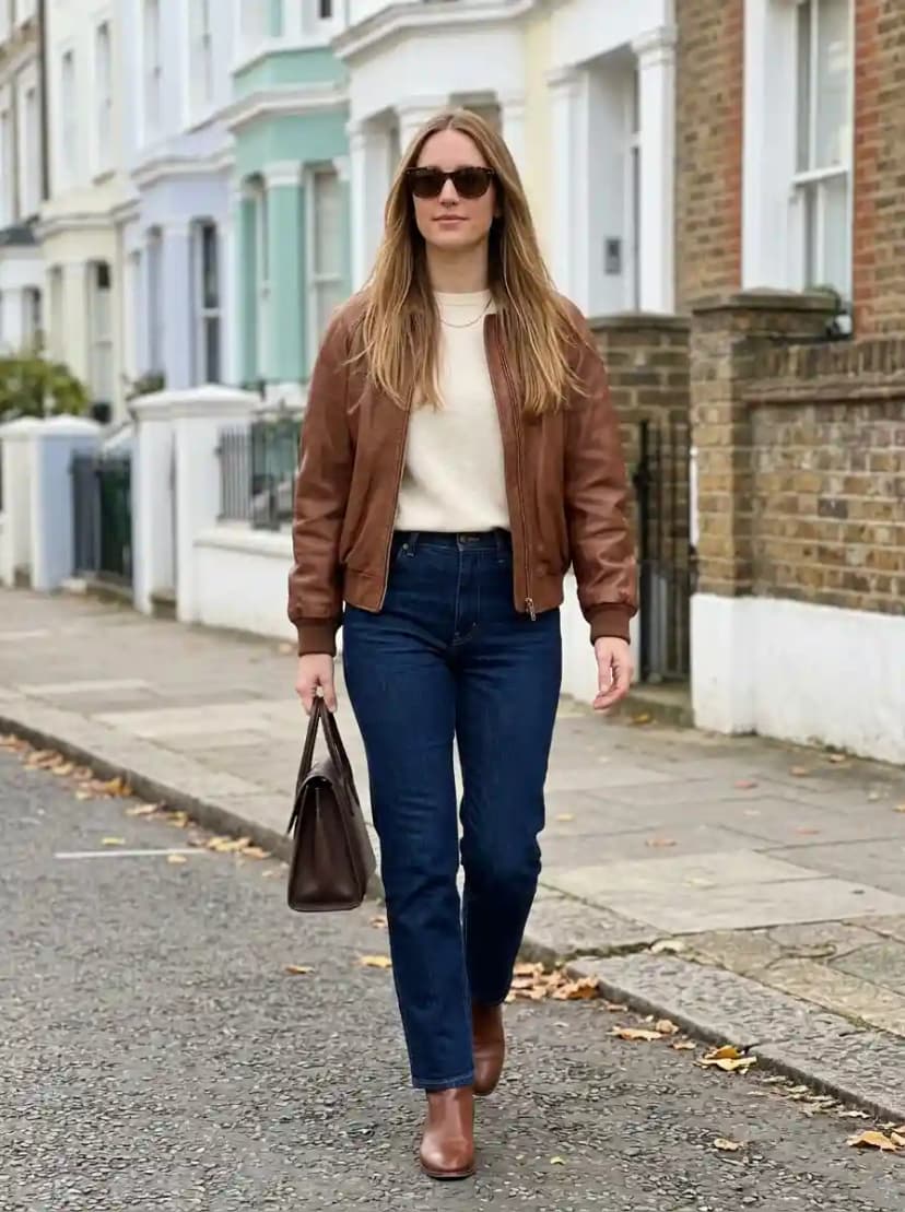 Cream crewneck sweater, brown leather bomber jacket, dark indigo jeans, and brown ankle boots