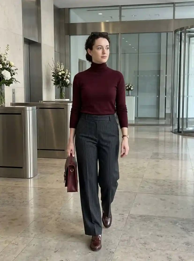 Maroon turtleneck sweater, charcoal grey pinstripe wide-leg trousers, and burgundy loafers