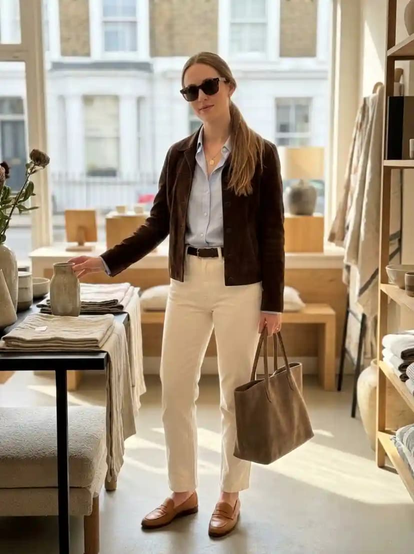 Light blue oxford shirt, cream straight-leg trousers, brown suede jacket, and cognac loafers