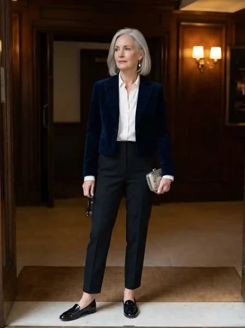 Navy velvet blazer, white button-down shirt, black tailored trousers, and black patent loafers