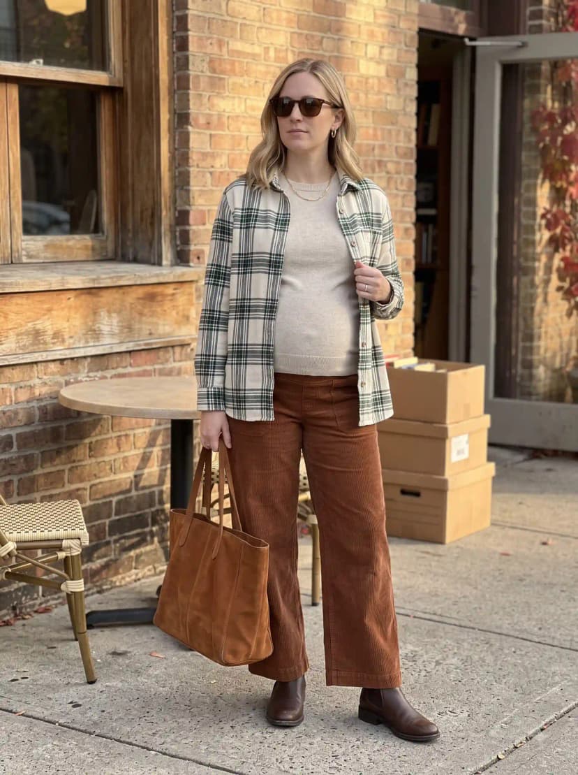 Tan plaid shacket, beige sweater, brown corduroy wide-leg pants, and brown ankle boots