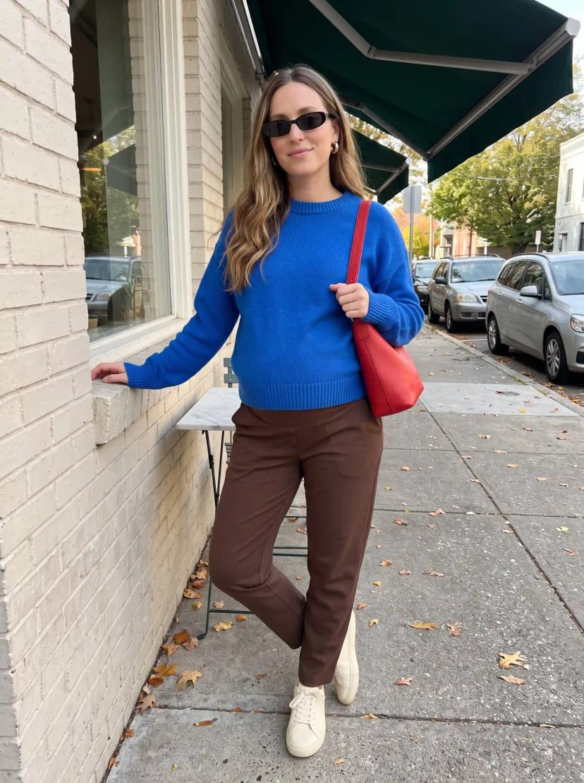 Cobalt blue crewneck sweater, brown tapered pants, white sneakers, and red shoulder bag