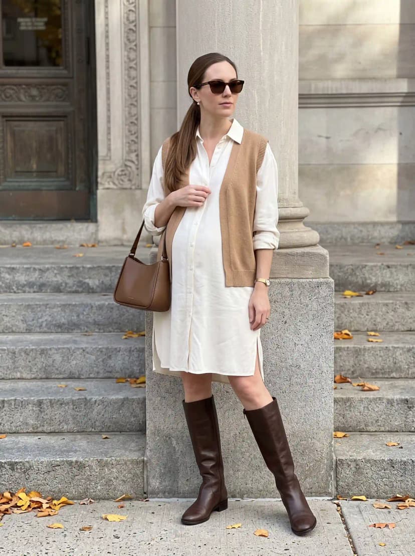 White button-down shirtdress, tan sweater vest, brown knee-high boots, and brown handbag