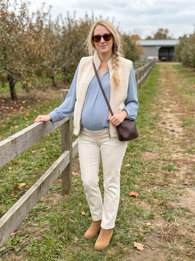 Cream sherpa vest, light blue wrap blouse, white pants, and tan ankle boots