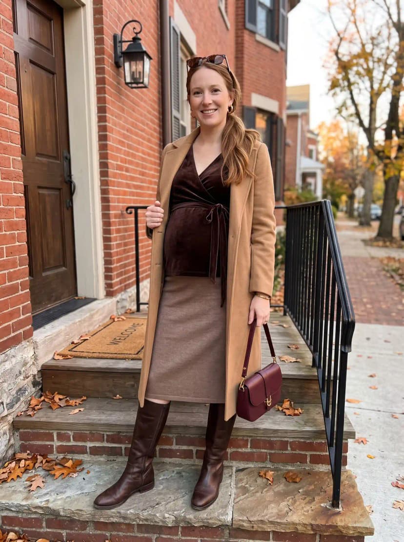 Camel longline coat, dark brown velvet wrap top, brown knit midi skirt, and brown knee-high boots