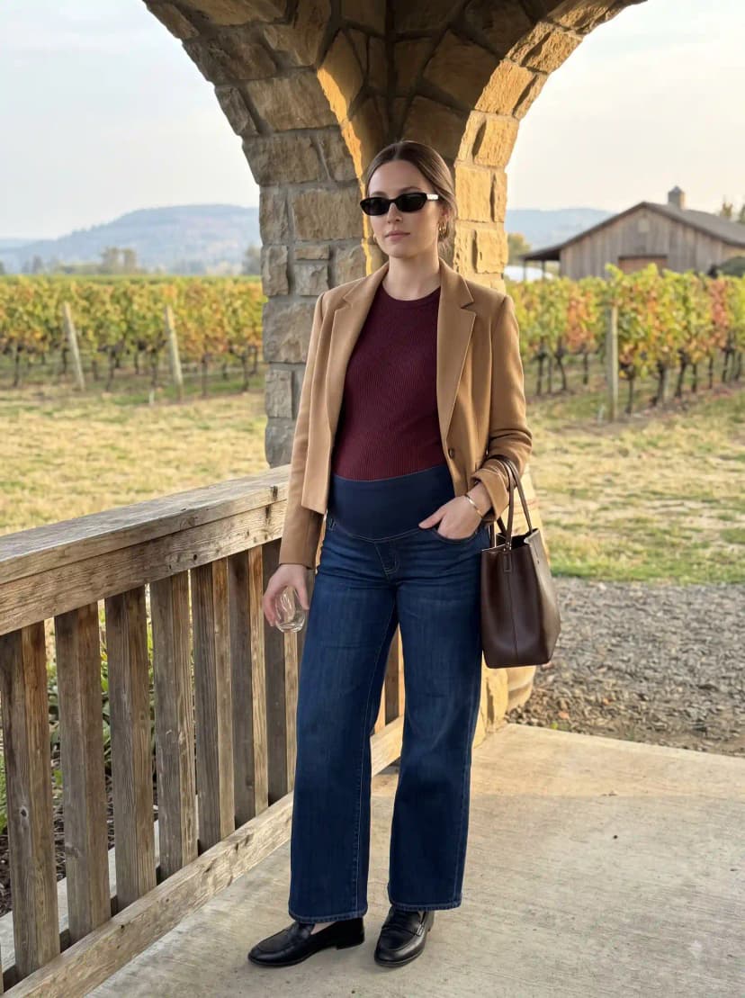 Tan blazer, burgundy ribbed top, dark wash wide-leg maternity jeans, and black loafers