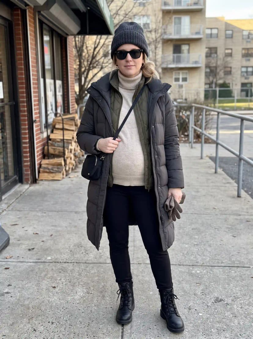 Dark grey puffer coat, olive quilted vest, beige turtleneck sweater, black pants, and black combat boots