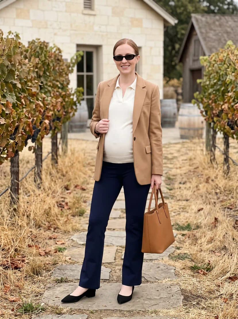 Tan blazer, cream polo shirt, navy tailored pants, black flats, and tan tote