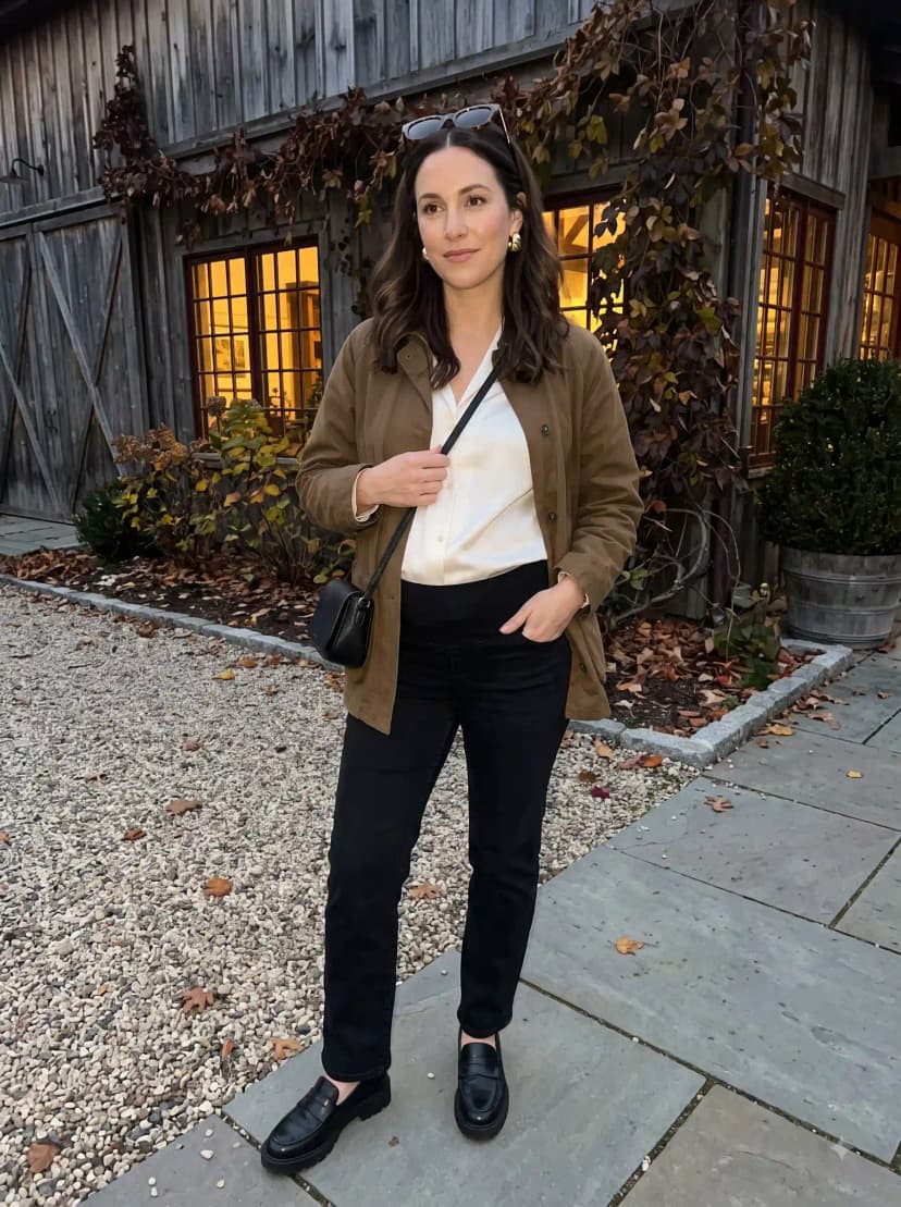 Brown utility jacket, white silk blouse, black pants, black loafers, and black crossbody bag