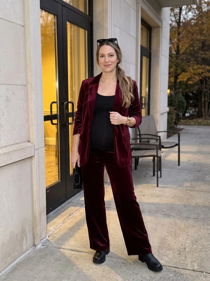 Burgundy velvet blazer, black tank top, burgundy velvet wide-leg pants, and black loafers