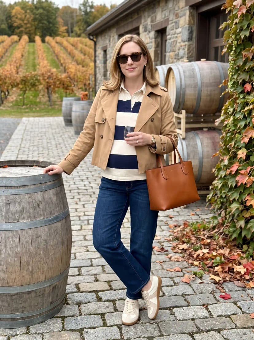 Tan cropped trench jacket, navy and cream striped polo shirt, dark wash jeans, and cream sneakers