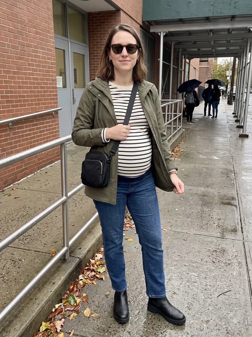 Olive utility jacket, cream and navy striped long-sleeve tee, blue jeans, and black Chelsea boots