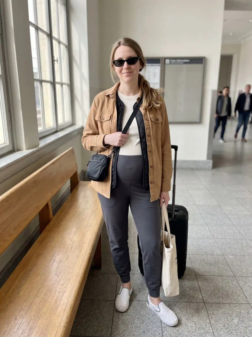 Tan corduroy shacket, white t-shirt, grey joggers, white slip-on sneakers, and black crossbody bag