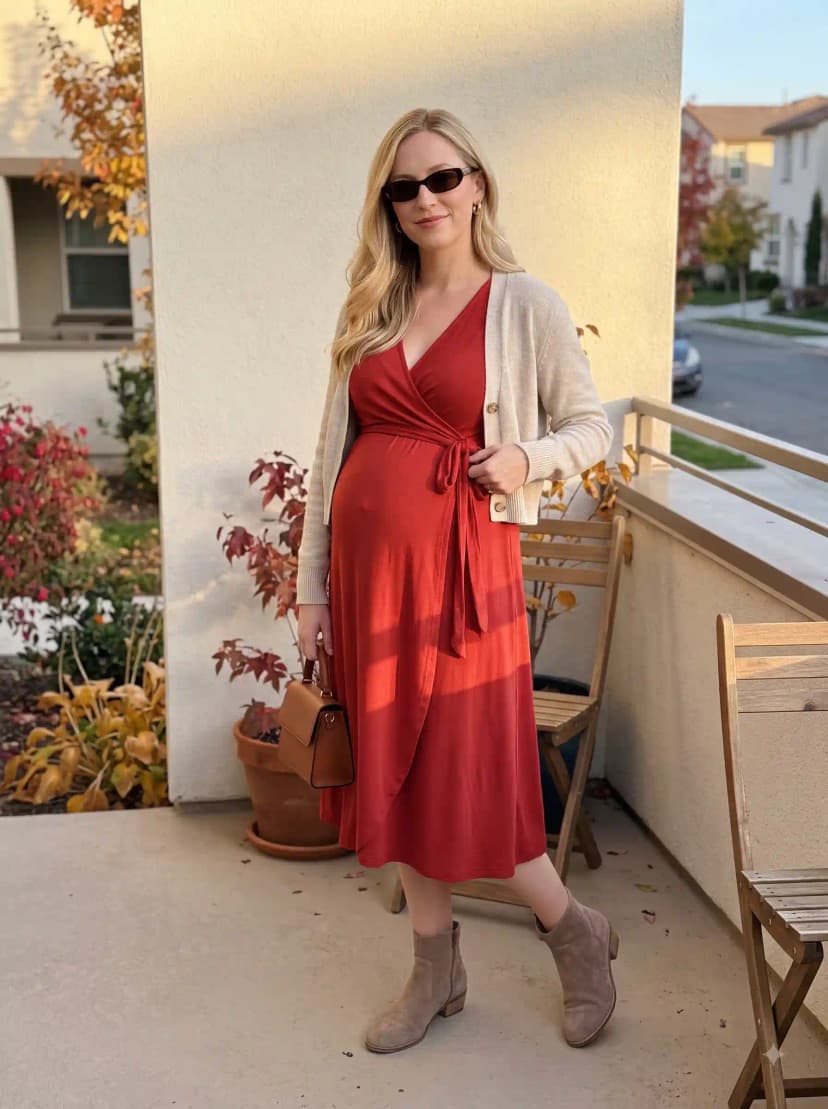 Beige cardigan, red wrap midi dress, taupe ankle boots, and tan handbag