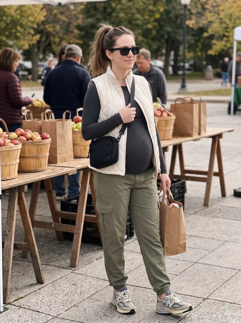 Beige utility jacket, grey long-sleeve shirt, green cargo pants, and sneakers