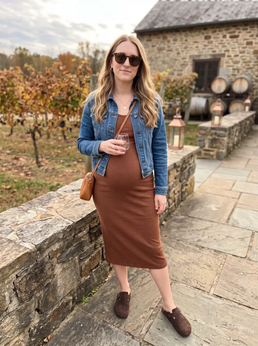 Blue denim jacket, brown ribbed midi dress, brown clogs, and brown crossbody bag