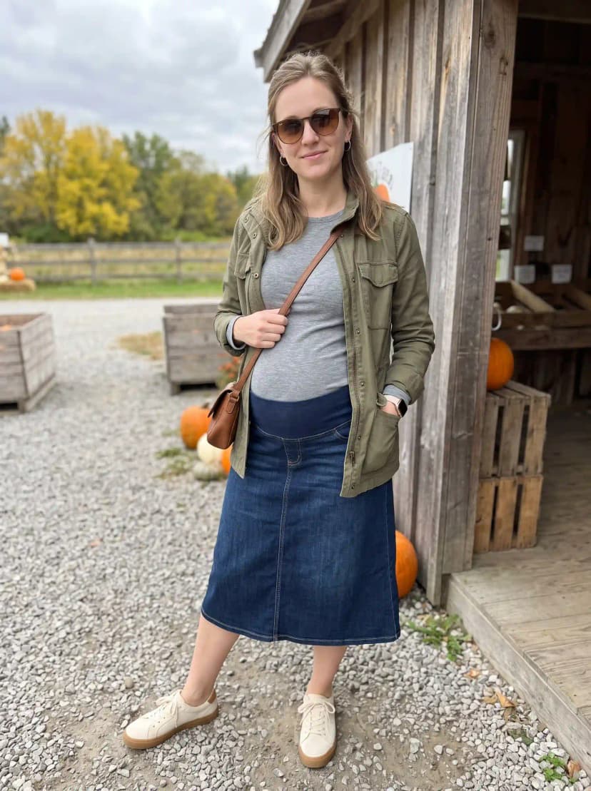 Olive utility jacket, grey long-sleeve shirt, dark denim midi skirt, and cream sneakers