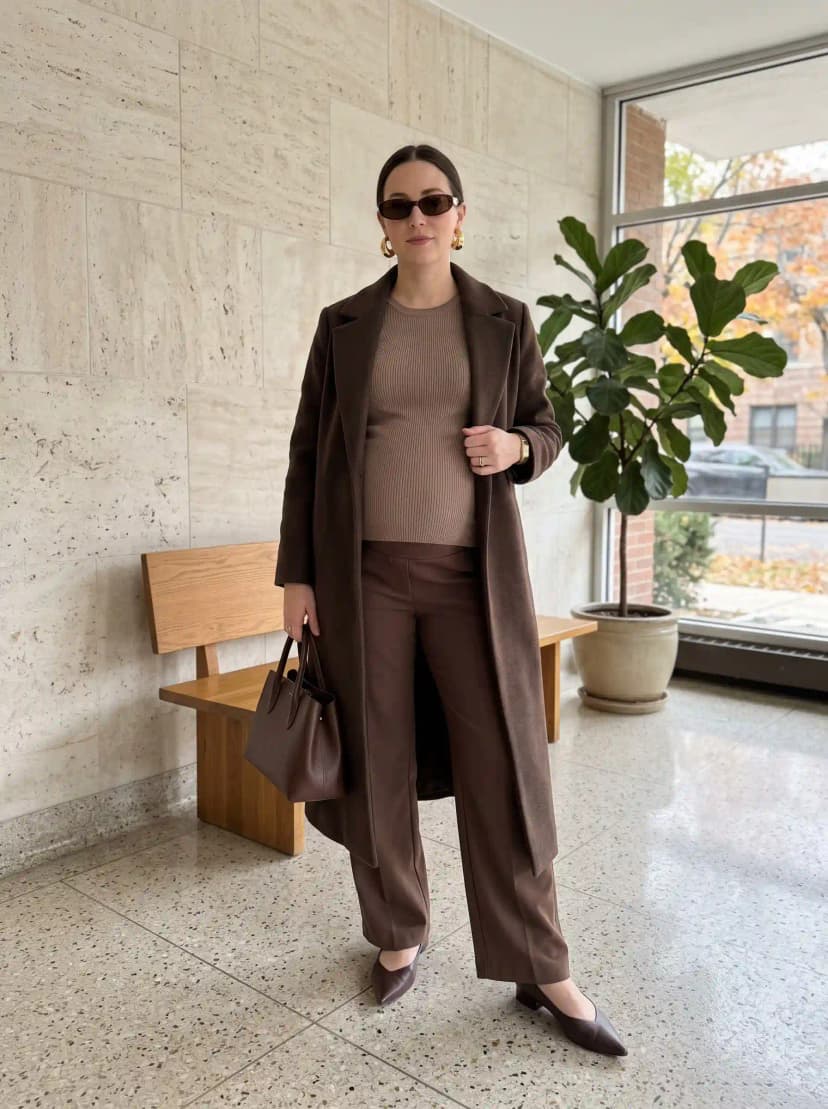 Dark brown longline coat, brown ribbed sweater, brown wide-leg trousers, and brown pointed flats