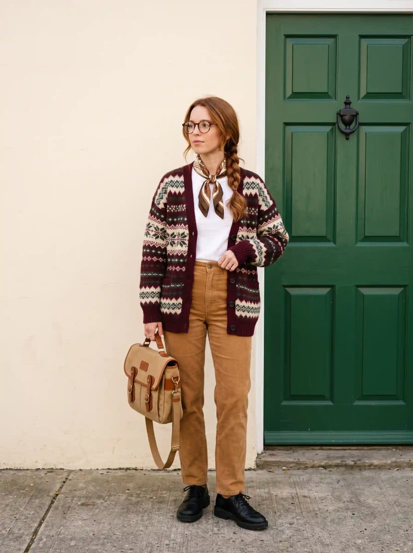 White t-shirt, burgundy Fair Isle cardigan, tan corduroy pants, black lace-up boots, and tan canvas satchel