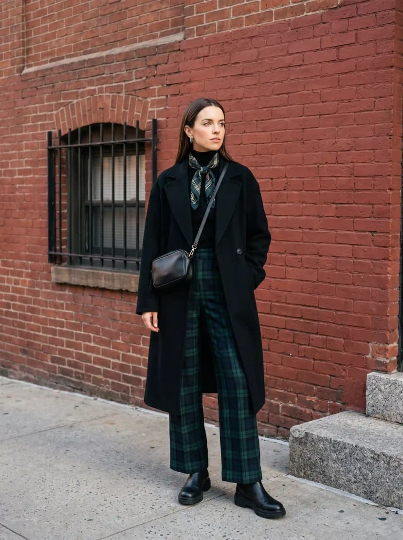 Longline black overcoat, black turtleneck, green and navy plaid wide-leg trousers, black platform boots, and plaid neck scarf