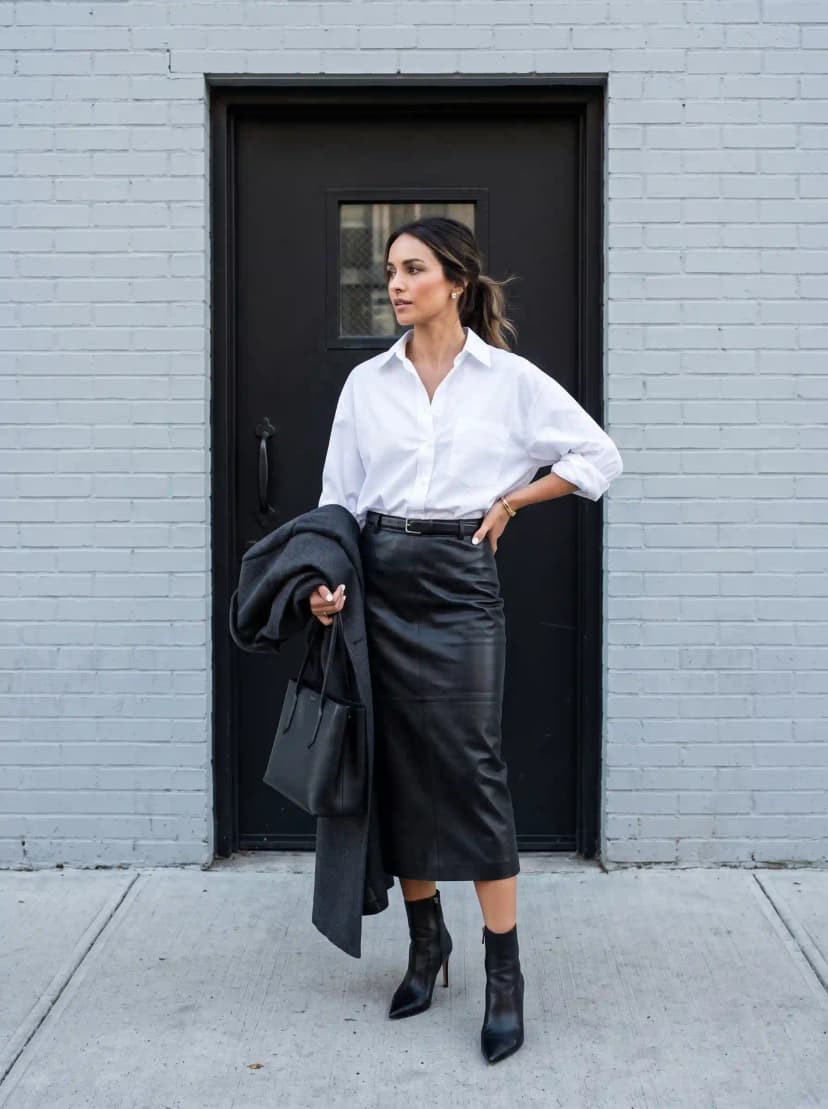 Oversized white button-down shirt, black leather midi skirt, charcoal grey coat, and black pointed-toe stiletto boots