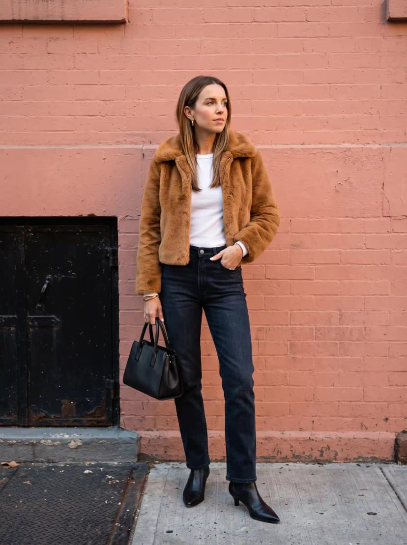 White crewneck t-shirt, dark indigo straight-leg jeans, cognac brown faux fur jacket, and black pointed-toe heeled ankle boots