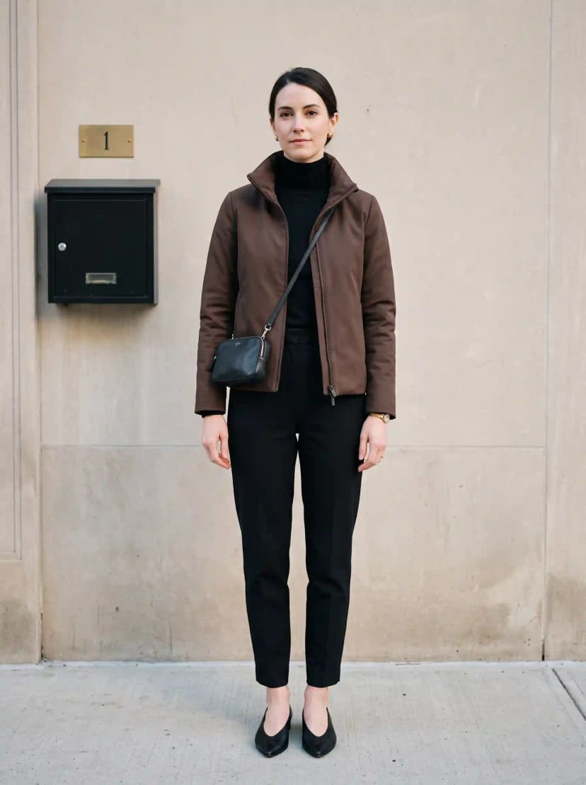 Dark brown stand-collar jacket, black turtleneck, black tailored trousers, and black leather flats
