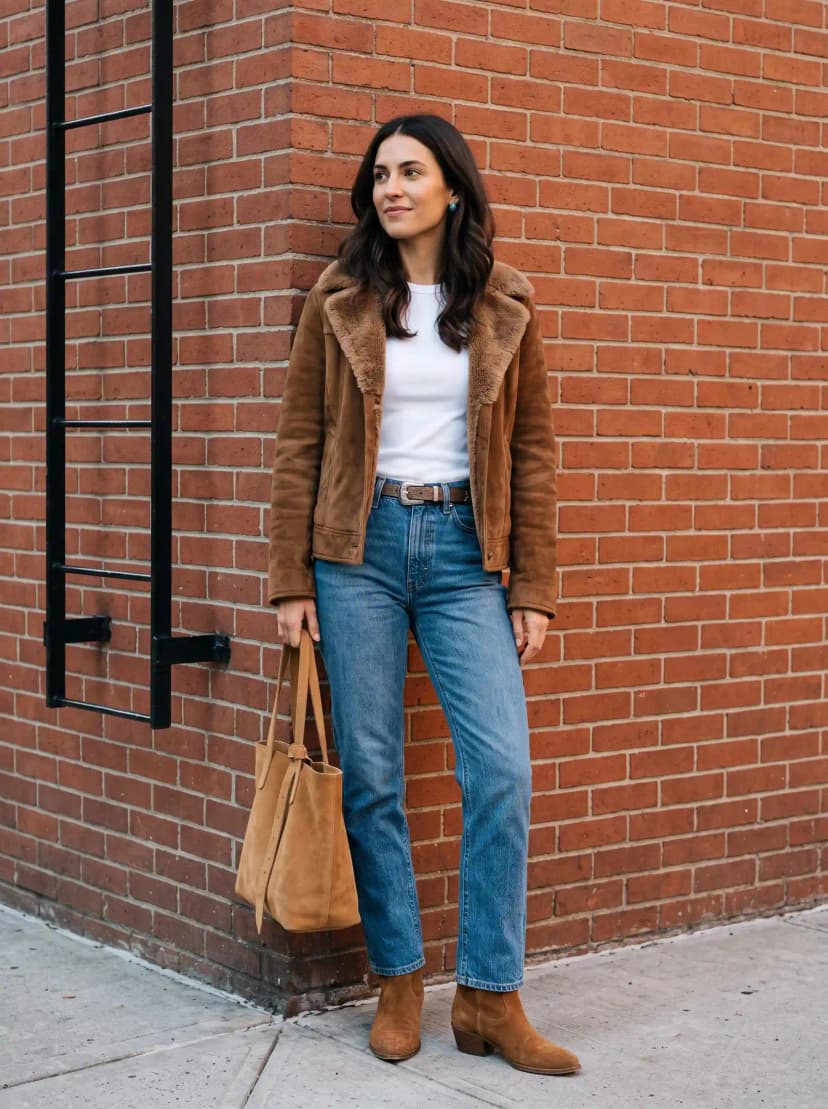 White crewneck t-shirt, medium-wash straight-leg jeans, cognac brown suede jacket with shearling collar, and tan suede ankle boots
