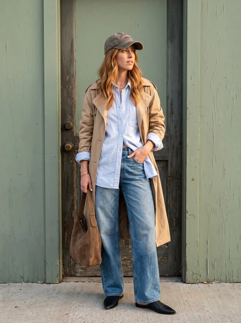 Light blue button-up Oxford shirt, medium-wash relaxed jeans, classic tan trench coat, and black pointed-toe boots