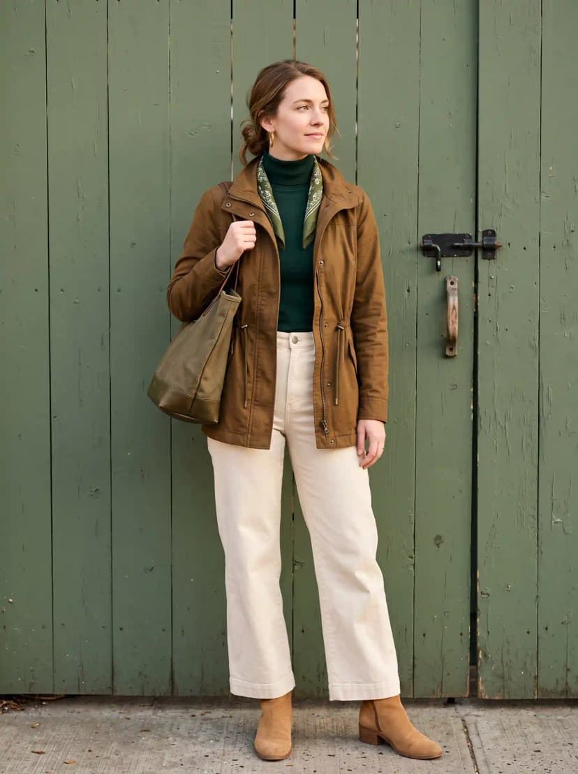 Dark green fitted turtleneck, cream wide-leg pants, brown utility jacket, and tan suede ankle boots