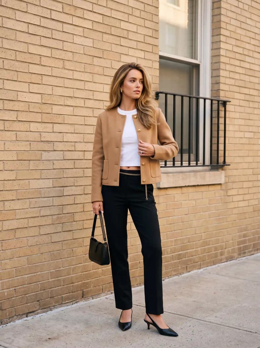 White fitted cropped top, black slim ankle-length trousers, camel cropped collarless jacket with gold buttons, and black pointed-toe slingback heels