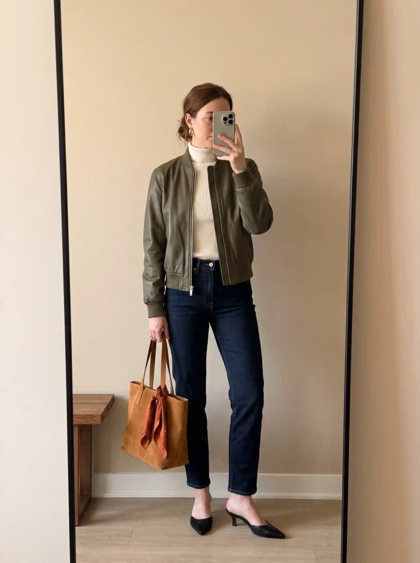 Cream ribbed turtleneck sweater, dark indigo straight-leg jeans, olive green bomber jacket, and black pointed-toe kitten-heel mules