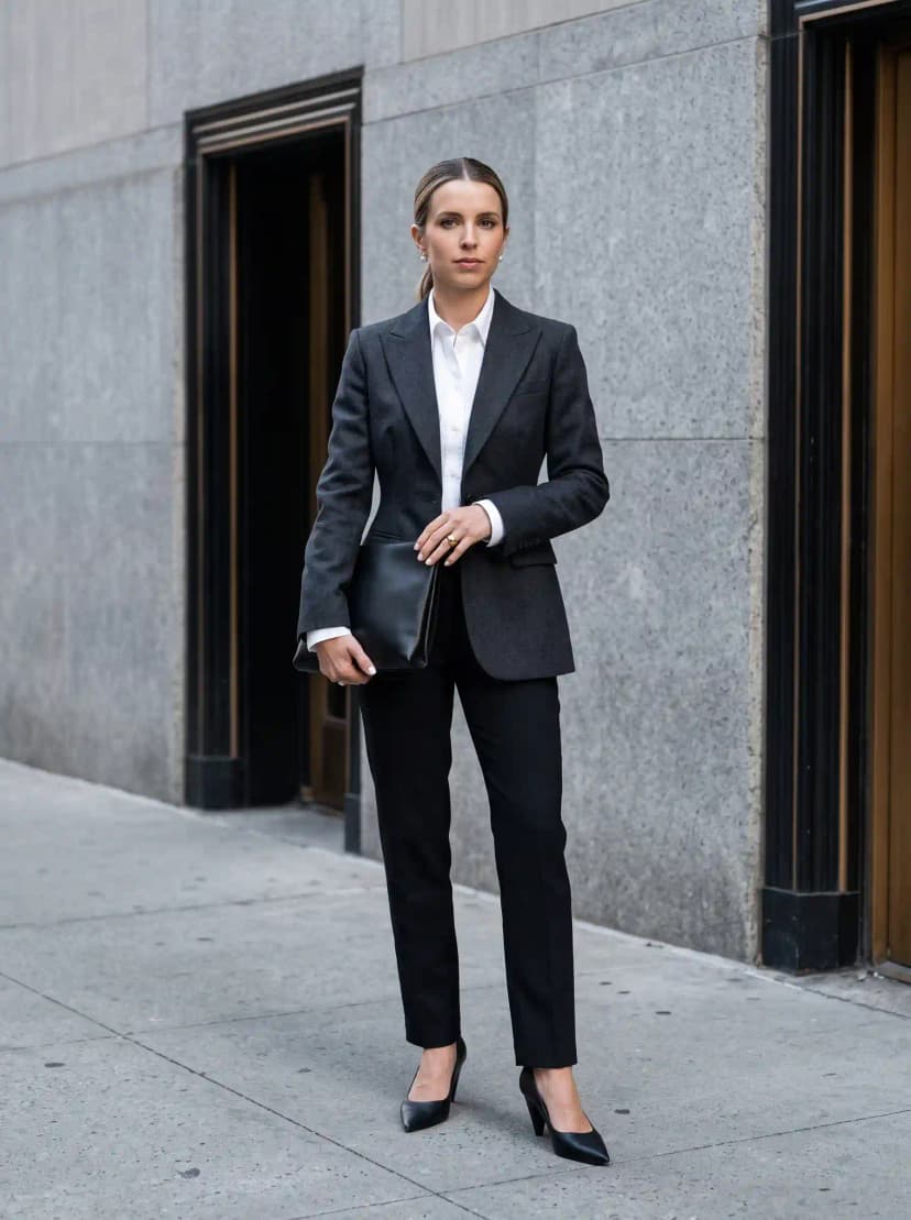 White button-up shirt, charcoal grey blazer, black slim trousers, black pointed-toe pumps, and black envelope clutch