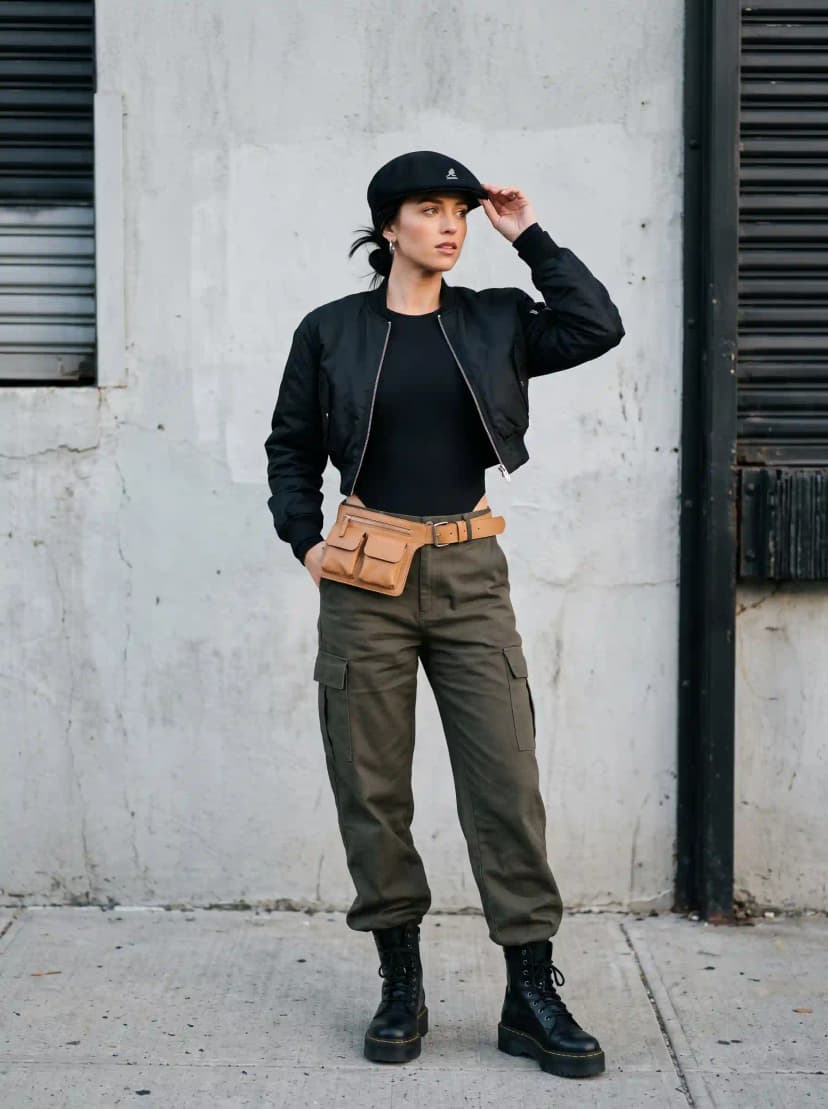 Black bodysuit, black bomber jacket, olive green cargo pants, black combat boots, and black newsboy cap