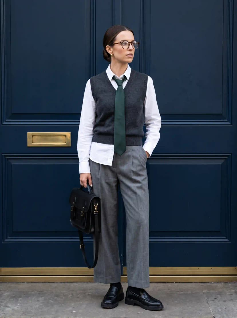 White button-up shirt, dark grey V-neck knit vest, forest green tie, grey tailored trousers, and black chunky loafers