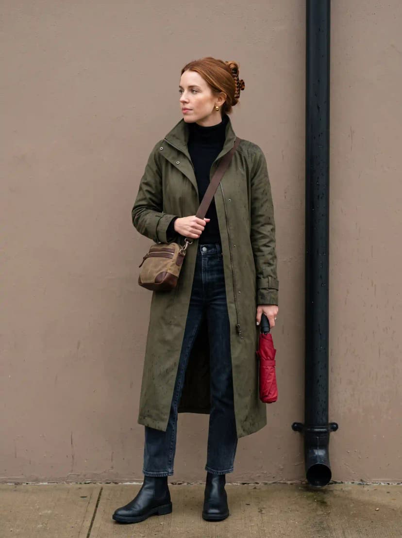 Black turtleneck, dark indigo jeans, olive green utility trench coat, black ankle boots, and waxed canvas crossbody bag