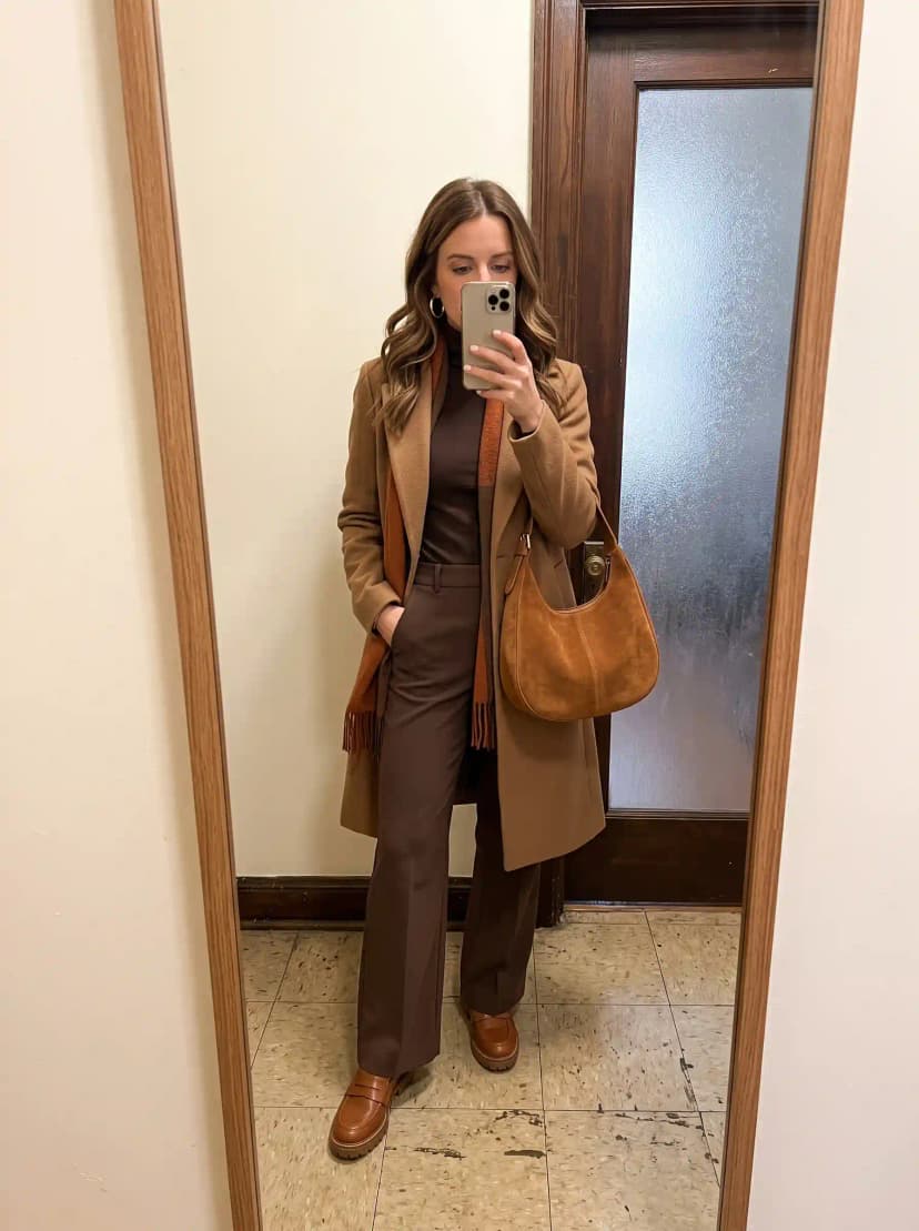 Dark brown turtleneck, brown wide-leg trousers, camel wool coat, rust fringed scarf, and cognac suede hobo bag