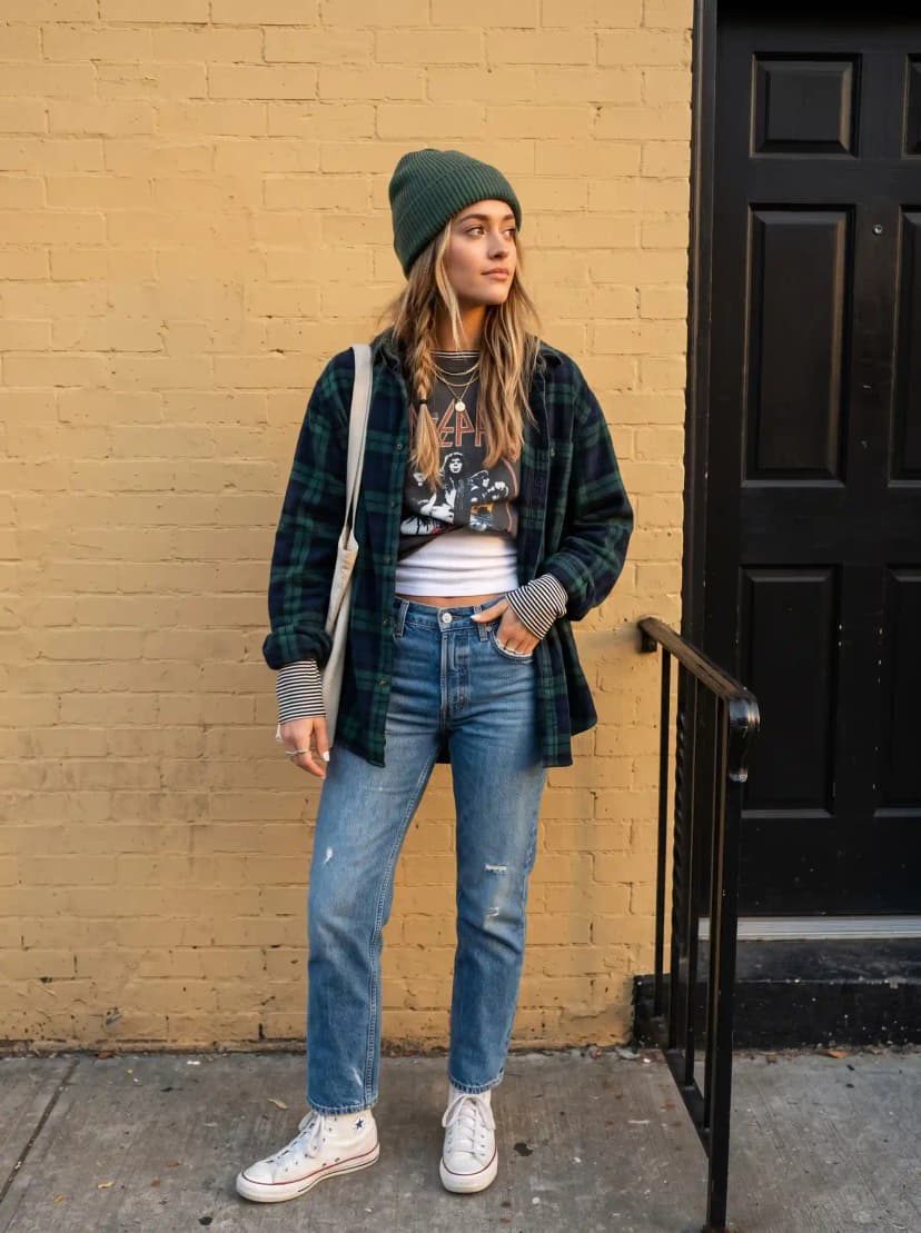 White fitted tank top, graphic band t-shirt, green-and-navy plaid flannel shirt, medium-wash blue jeans, and white canvas sneakers
