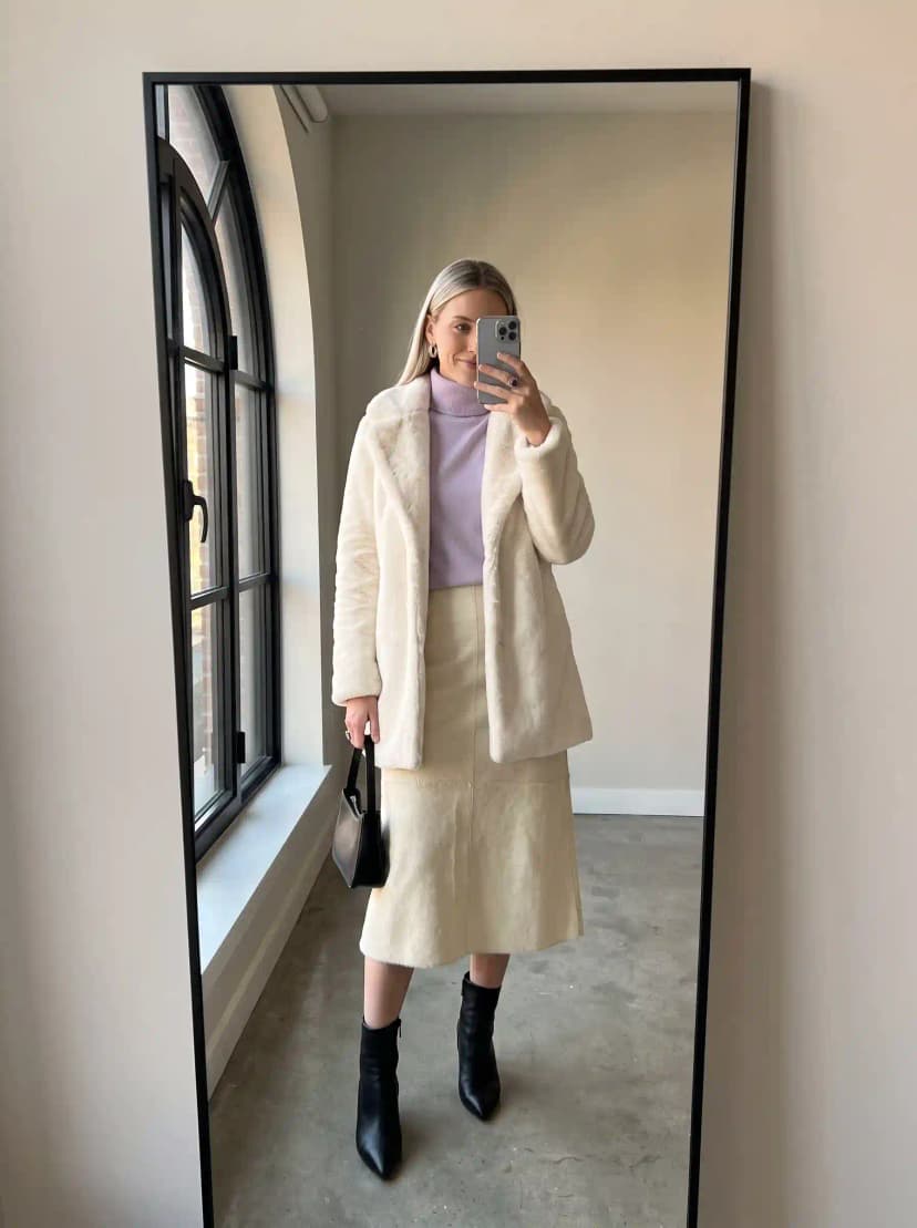 Lilac turtleneck sweater, cream faux fur coat, cream midi skirt, black pointed-toe ankle boots, and black structured handbag