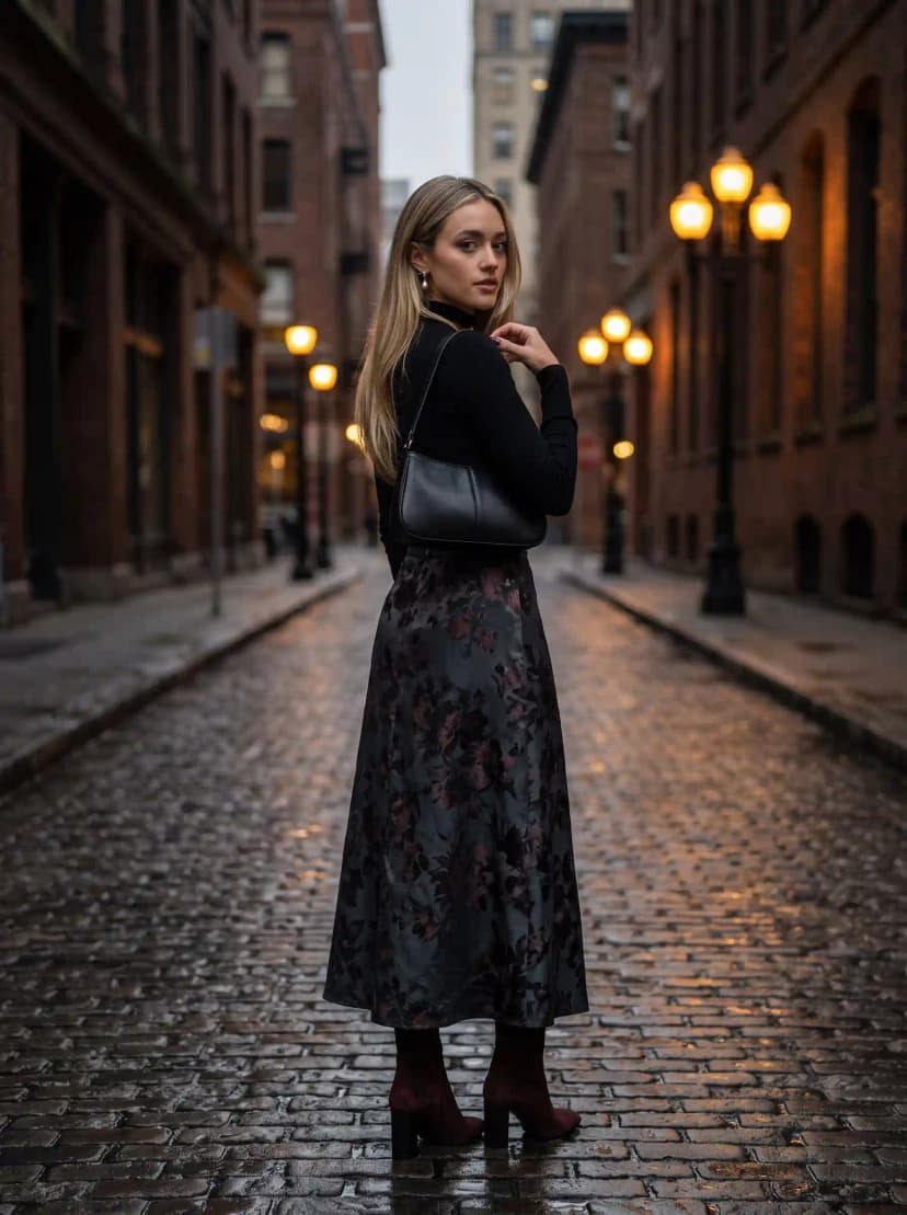 Black Turtleneck + Dark Floral Midi Skirt