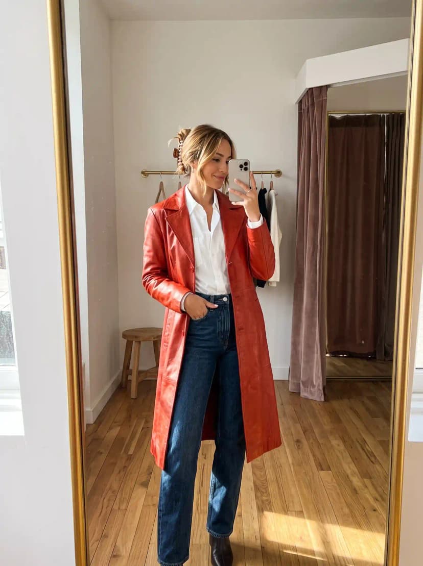 Rust Leather Coat + White Button-Up + Dark Blue Jeans