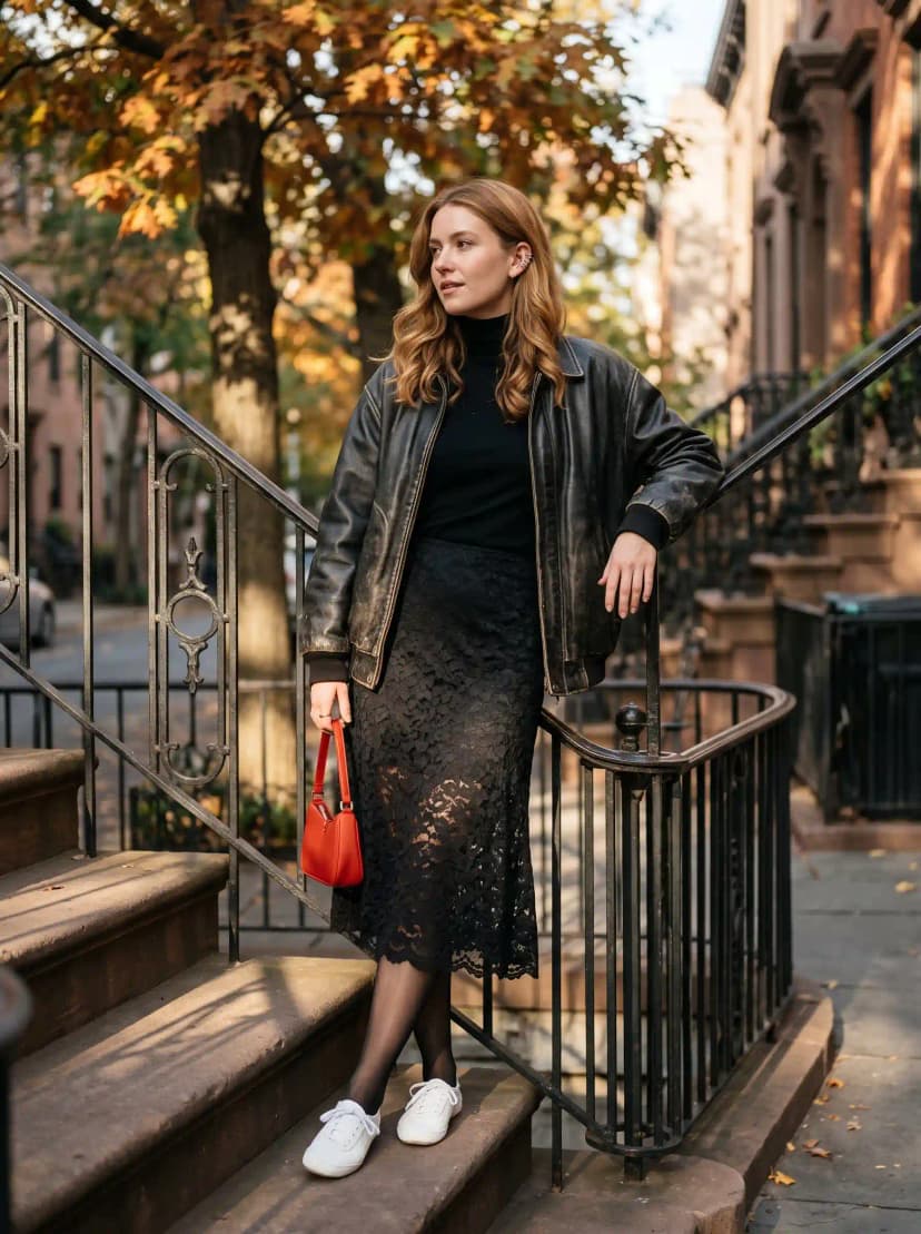 Black Turtleneck + Black Lace Midi Skirt + Leather Bomber