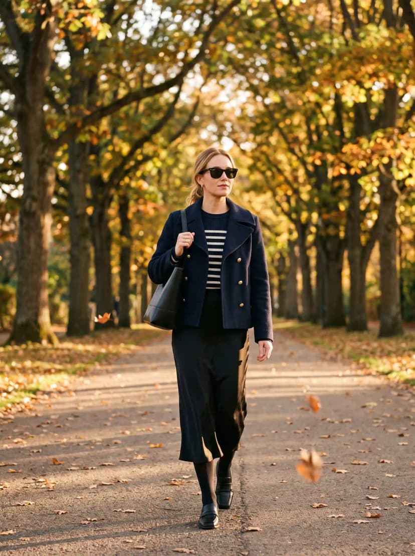 Striped Sweater + Navy Peacoat + Black Satin Midi Skirt