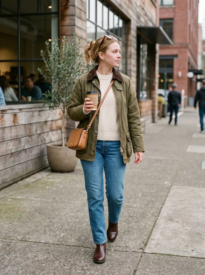 Cream Sweater + Olive Utility Jacket + Blue Jeans
