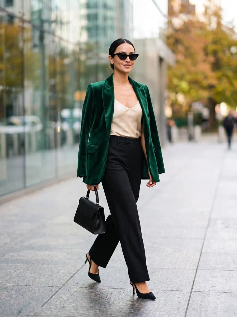 Cream Camisole + Emerald Green Velvet Blazer + Black Trousers